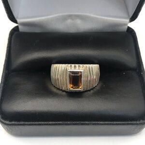 925 Sterling Silver Ribbed Amber Solitaire Unisex Ring Size 6.5